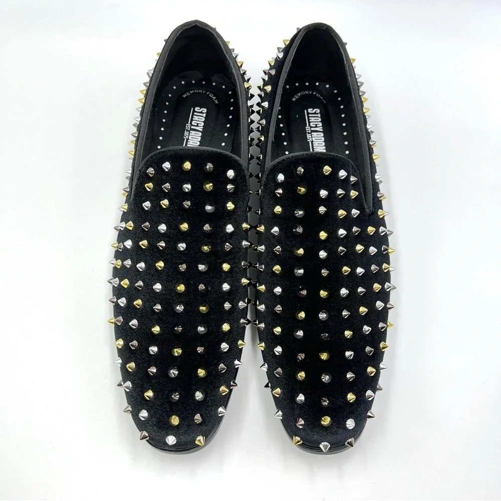Stacy Adams Mens 9.5 Spire Black Velvet Gold Silver Spiked Studded Loafers Shoes